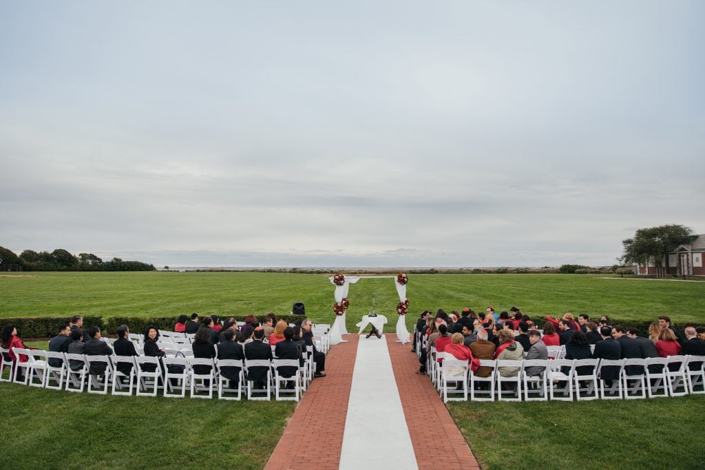 A ceremony setting at Bourne Mansion wedding in Oakdale, New York