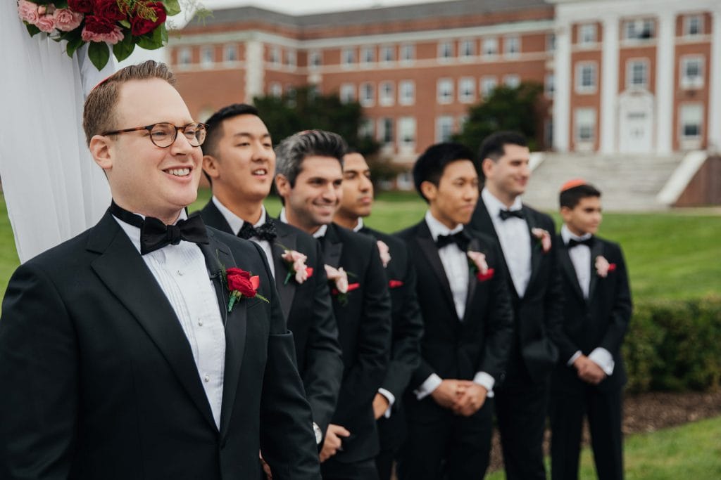 A reaction of the groom when he saw the bride during the wedding ceremony