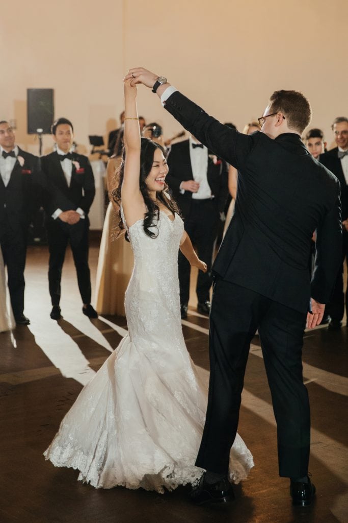 A newly wedded couple's first dance during a wedding reception at Bourne Mansion in Oakdale, NY