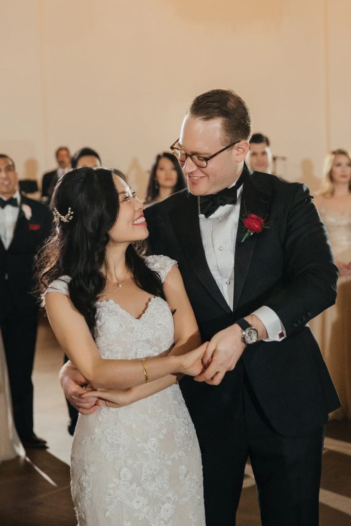 A newly wedded couple's first dance during a wedding reception at Bourne Mansion in Oakdale, NY